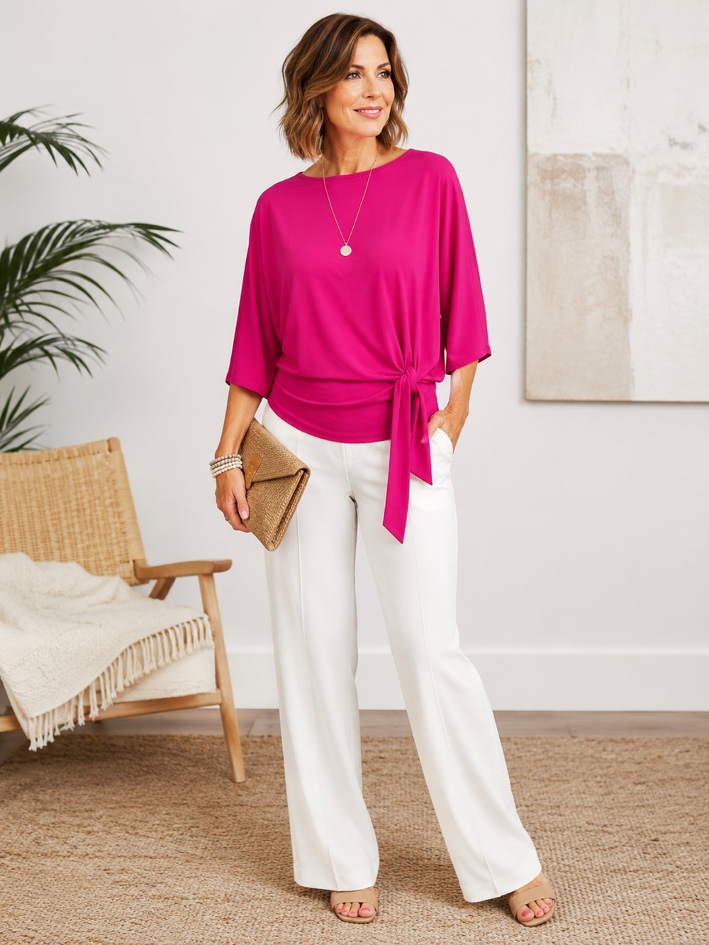 Clara SunWoo Fuchsia Side Tie Dolman Sleeve Blouson‎ Top USA Liquid Knit Small